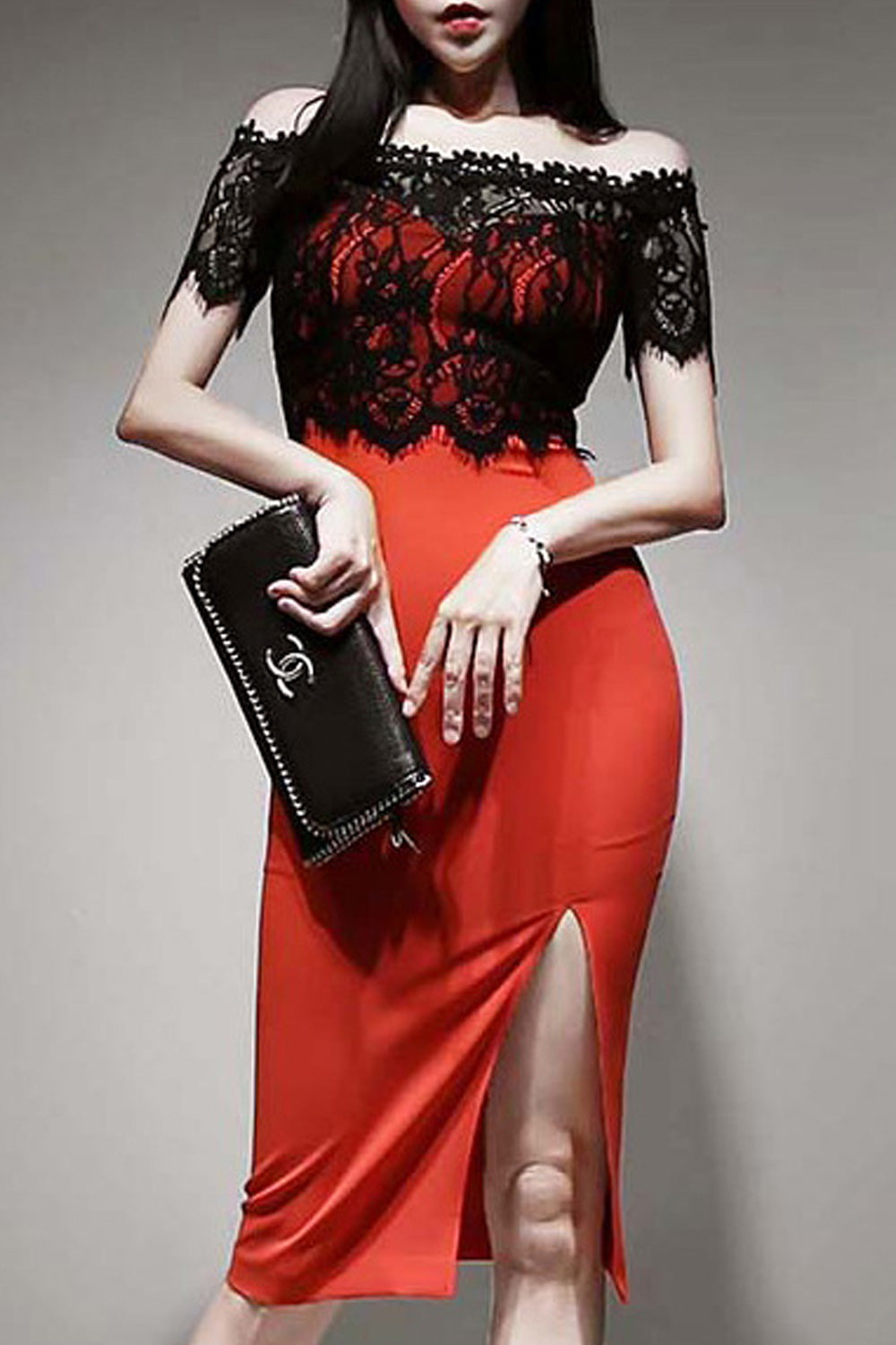 Women Off Neck Off Shoulder Lace Pattern Beautiful Dress