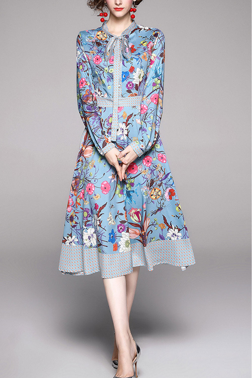 Women Printed Style V-Neck Short Puff Sleeve Awesome Dress