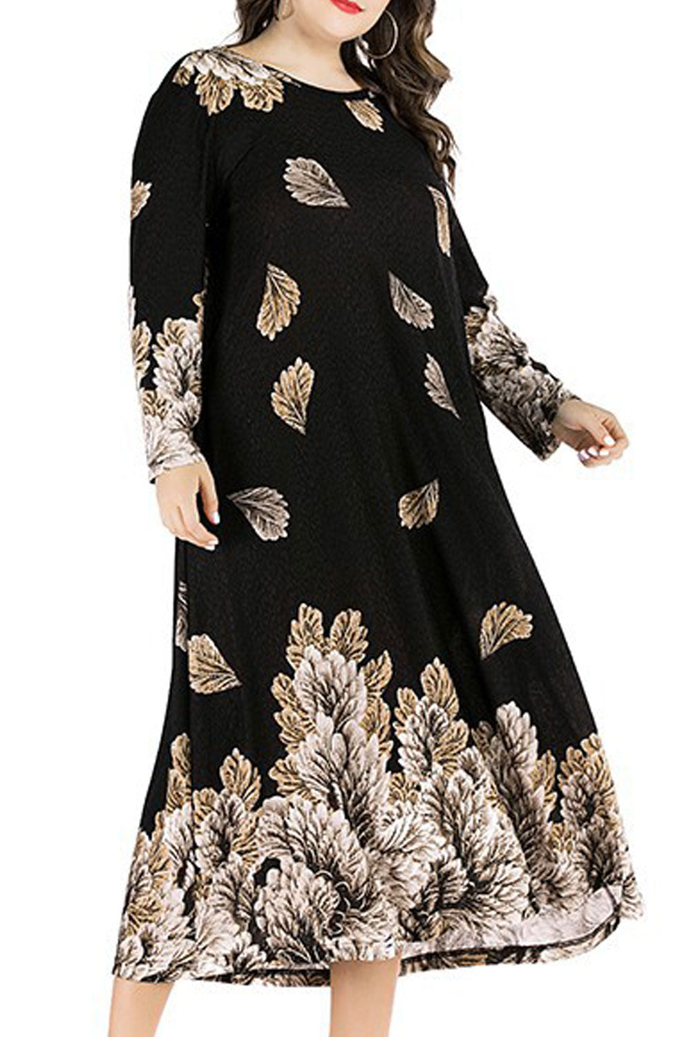 Women Round Neck Summer Season Long Sleeve Leaf Printed Fashionable Dress