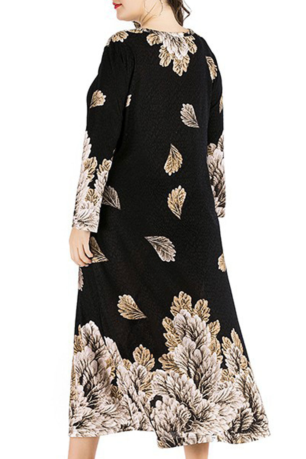Women Round Neck Summer Season Long Sleeve Leaf Printed Fashionable Dress