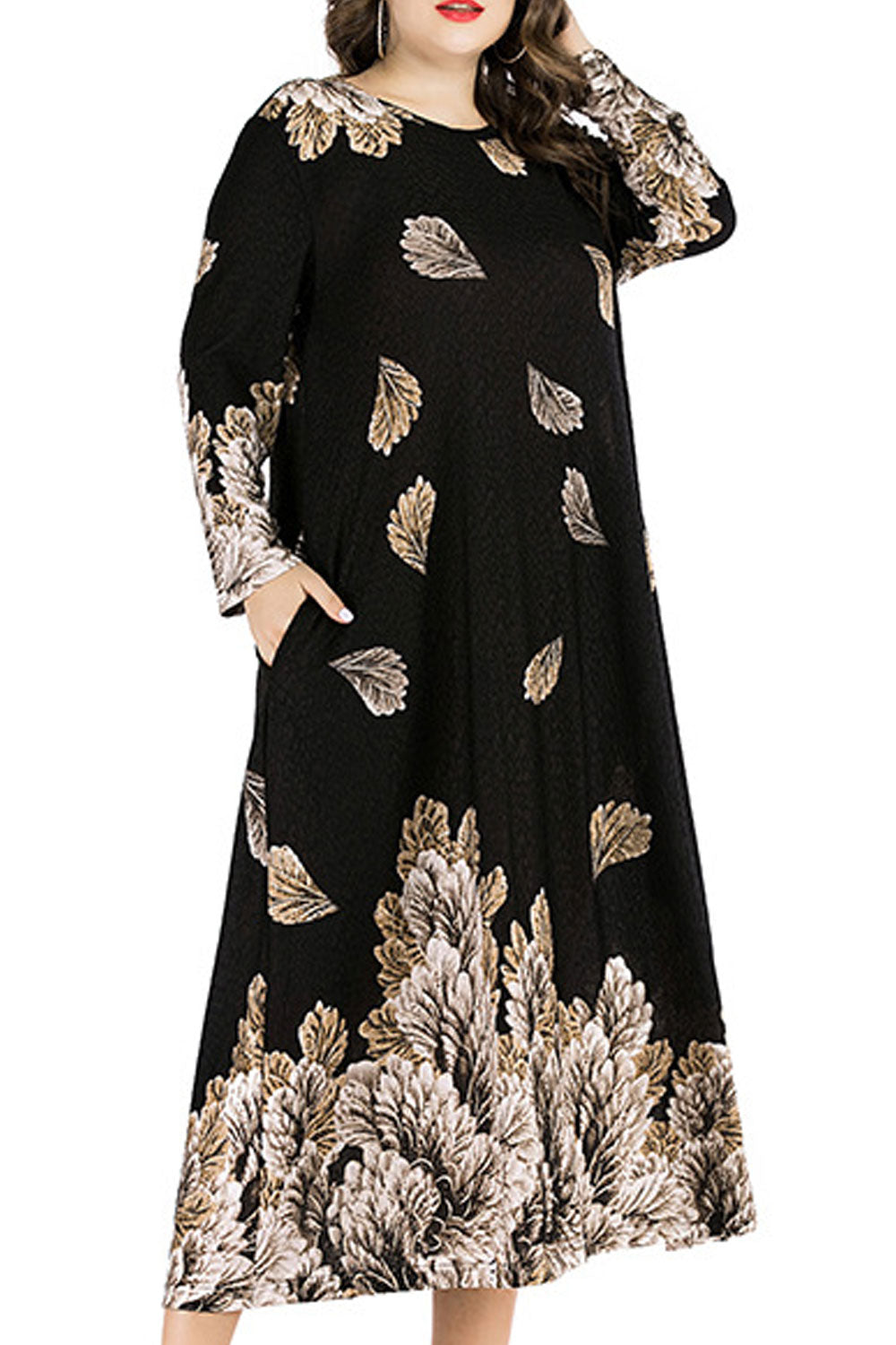 Women Round Neck Summer Season Long Sleeve Leaf Printed Fashionable Dress