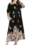 Women Round Neck Summer Season Long Sleeve Leaf Printed Fashionable Dress