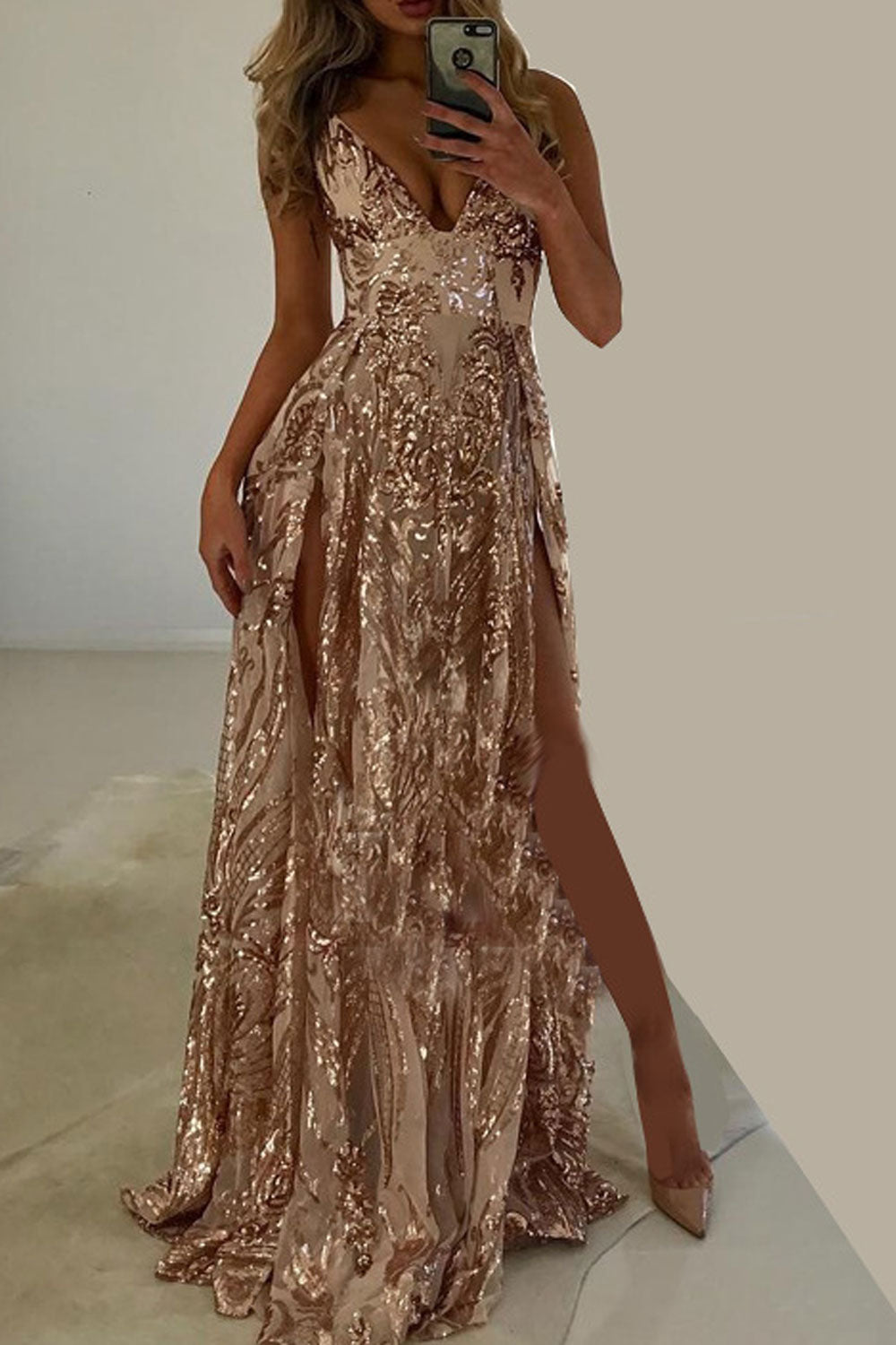 Women Strap Neck Comfortable Split Hem Long Length Sequins Decorated Dress