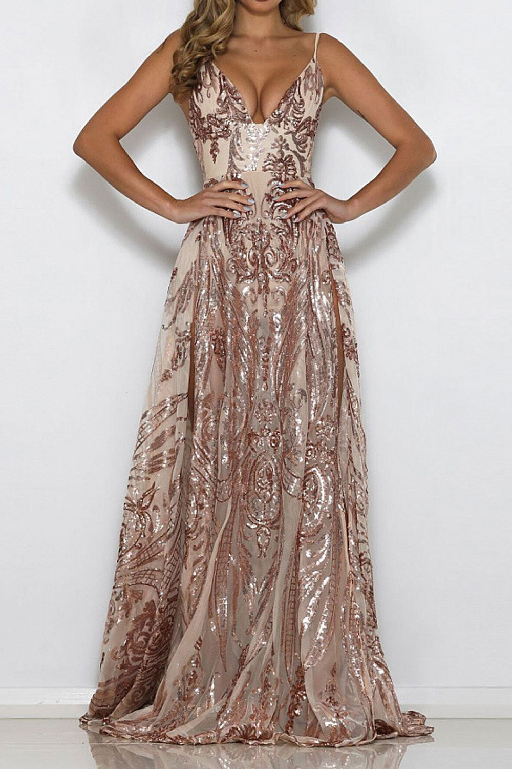 Women Strap Neck Comfortable Split Hem Long Length Sequins Decorated Dress