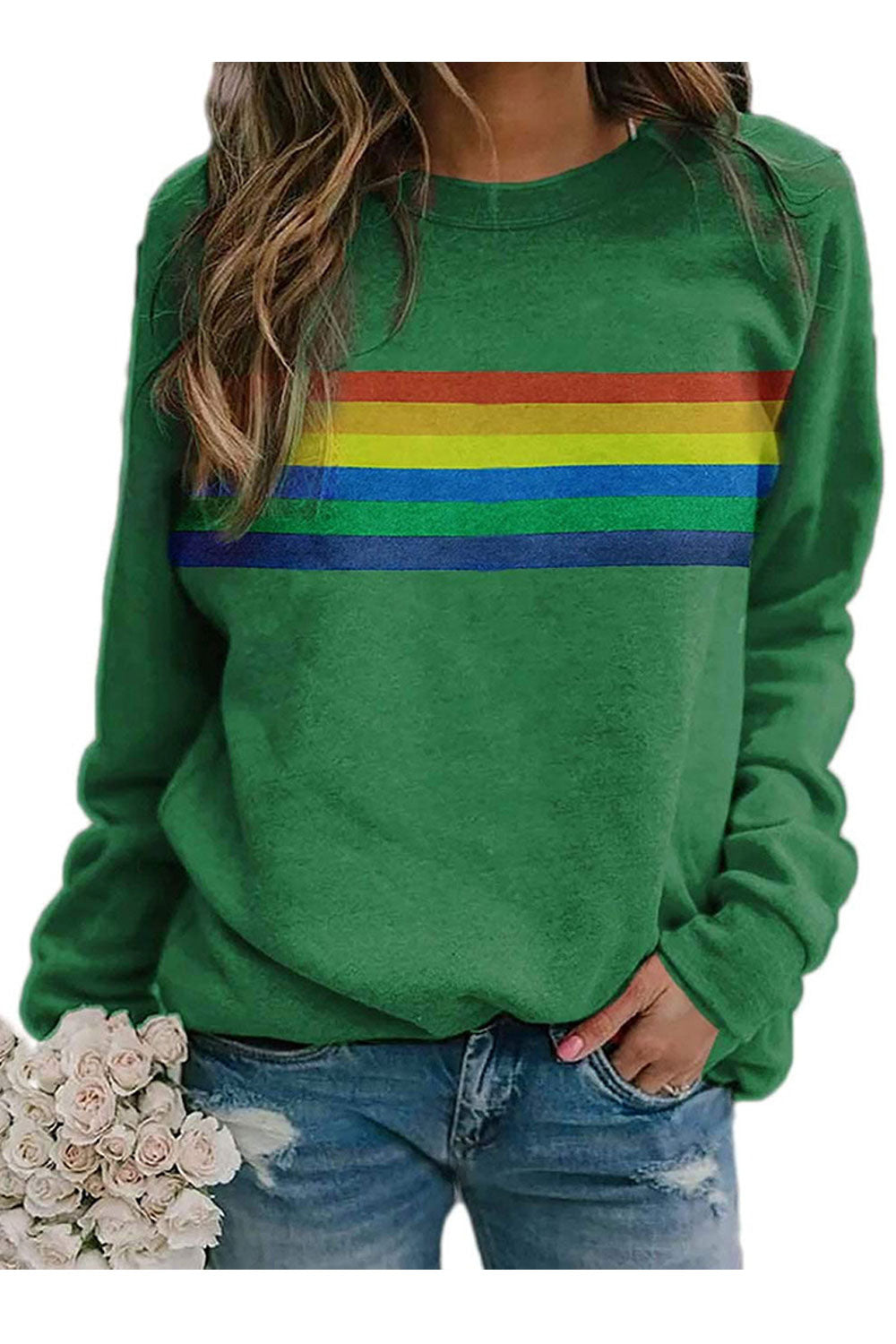 Women Round Neck Amazing Colorful Stripe Long Sleeve Easy Sweatshirt