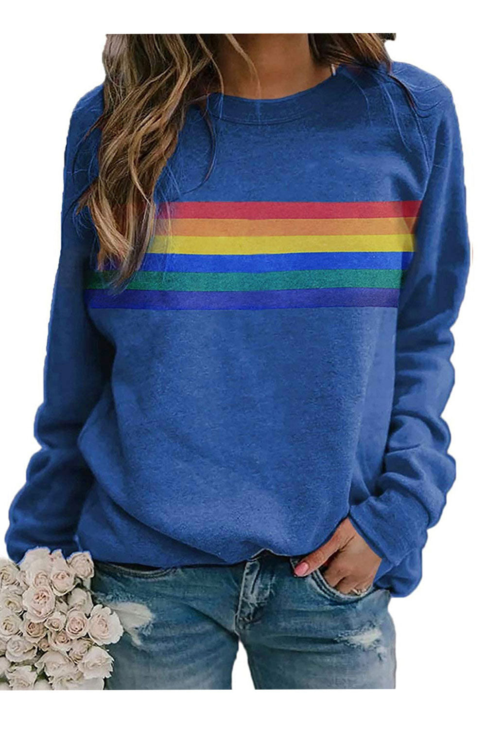 Women Round Neck Amazing Colorful Stripe Long Sleeve Easy Sweatshirt