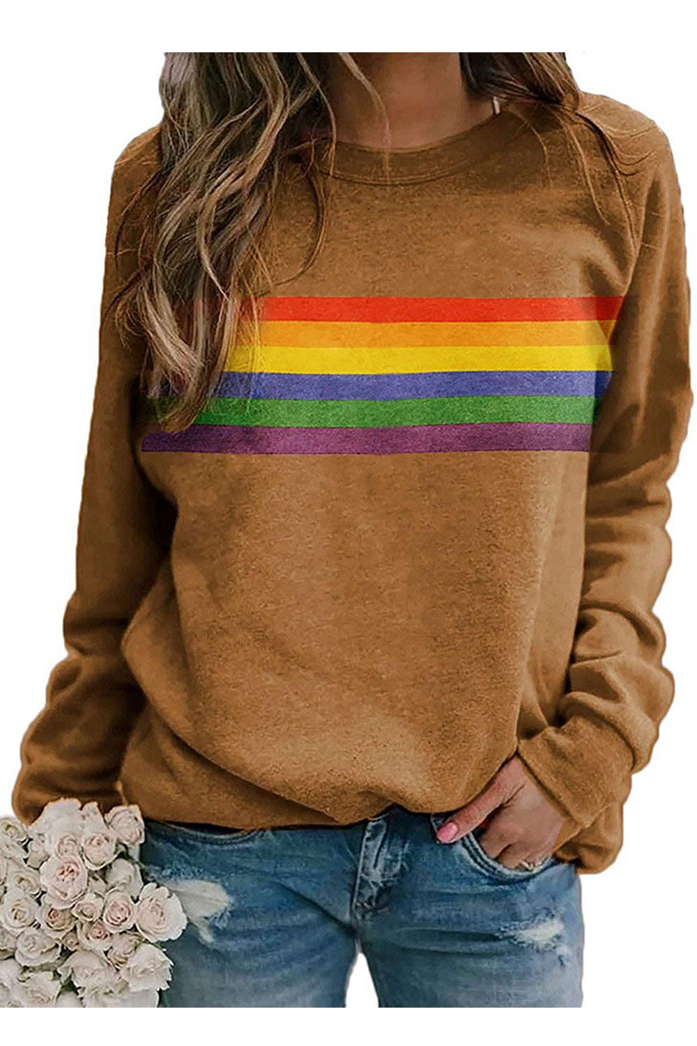 Women Round Neck Amazing Colorful Stripe Long Sleeve Easy Sweatshirt