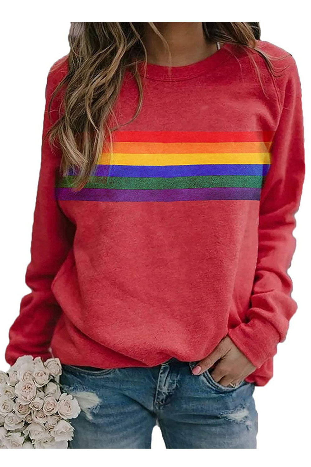 Women Round Neck Amazing Colorful Stripe Long Sleeve Easy Sweatshirt