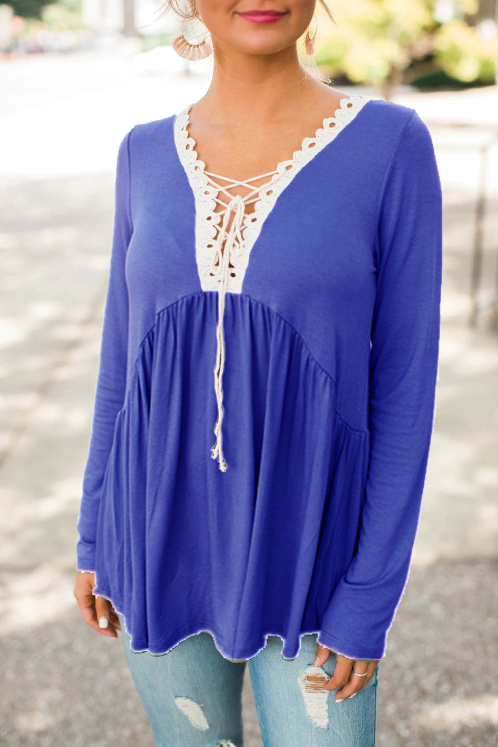 Women Long Sleeve V-Neck Solid Colored Breathable Lightweight Top