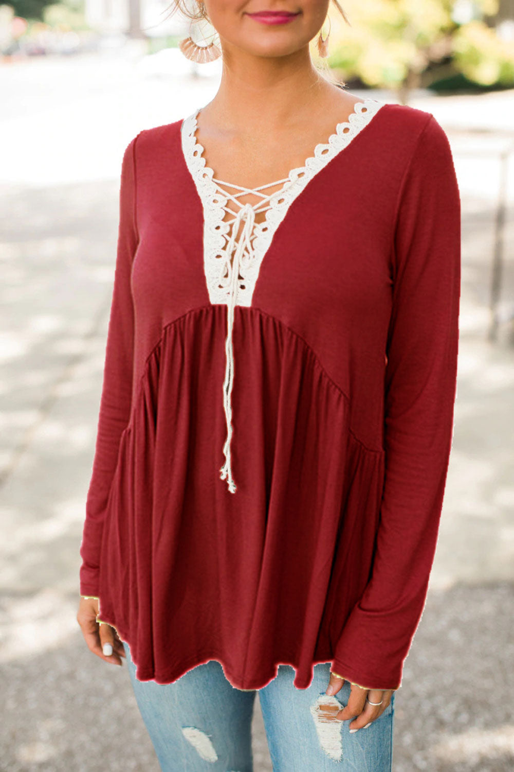 Women Long Sleeve V-Neck Solid Colored Breathable Lightweight Top