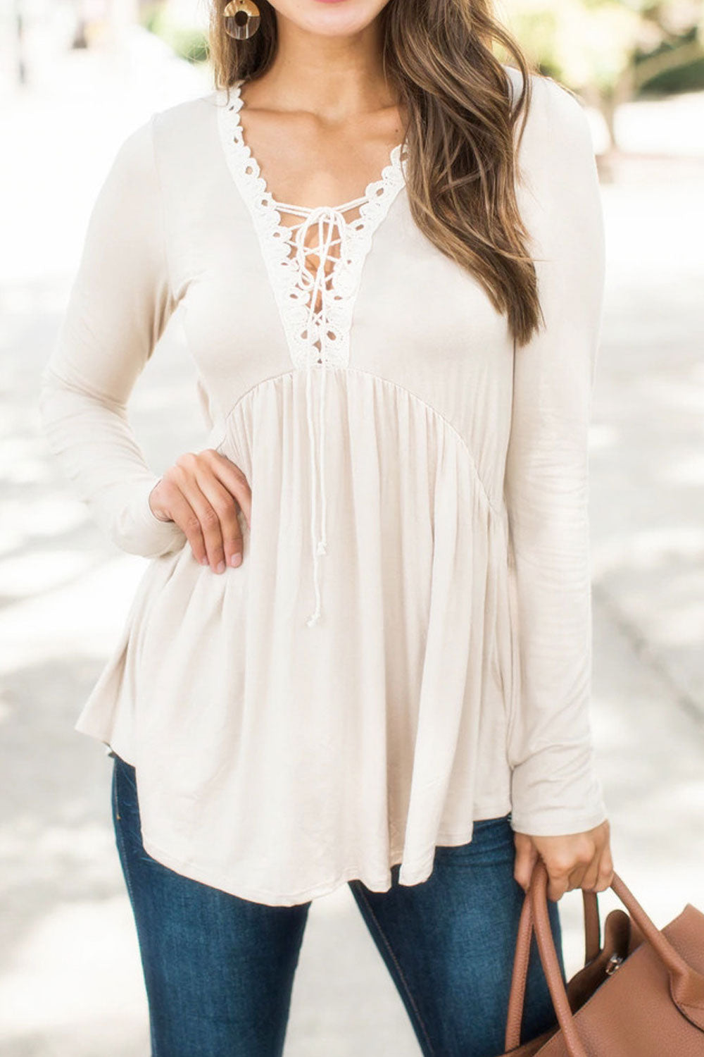 Women Long Sleeve V-Neck Solid Colored Breathable Lightweight Top