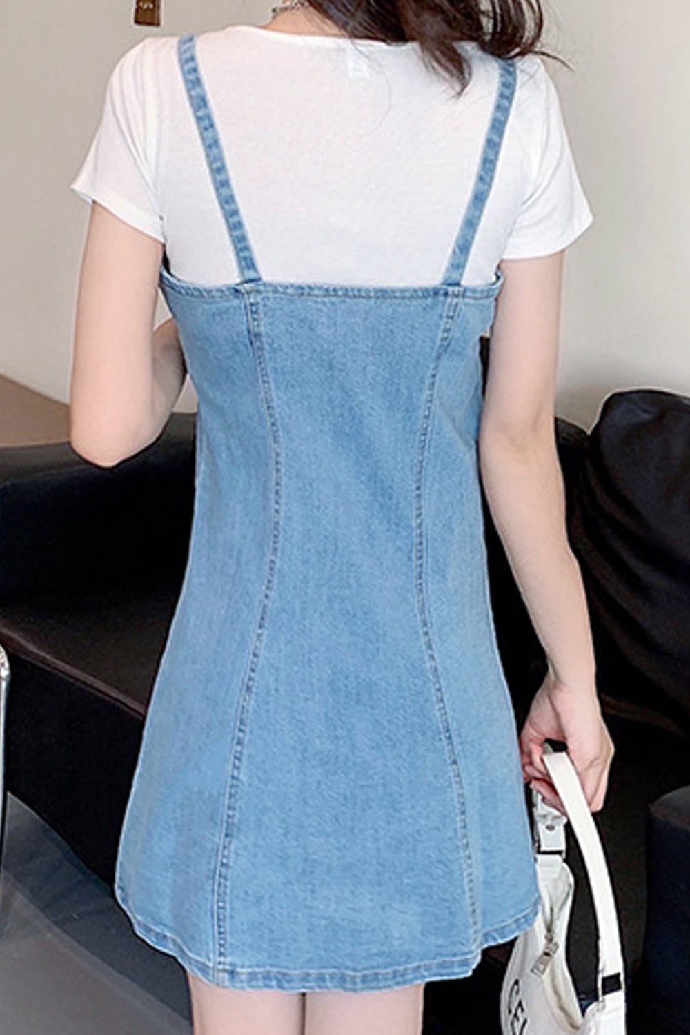Women Strap Shoulder Snap Button Short Length Breathable Short Length Denim Dress