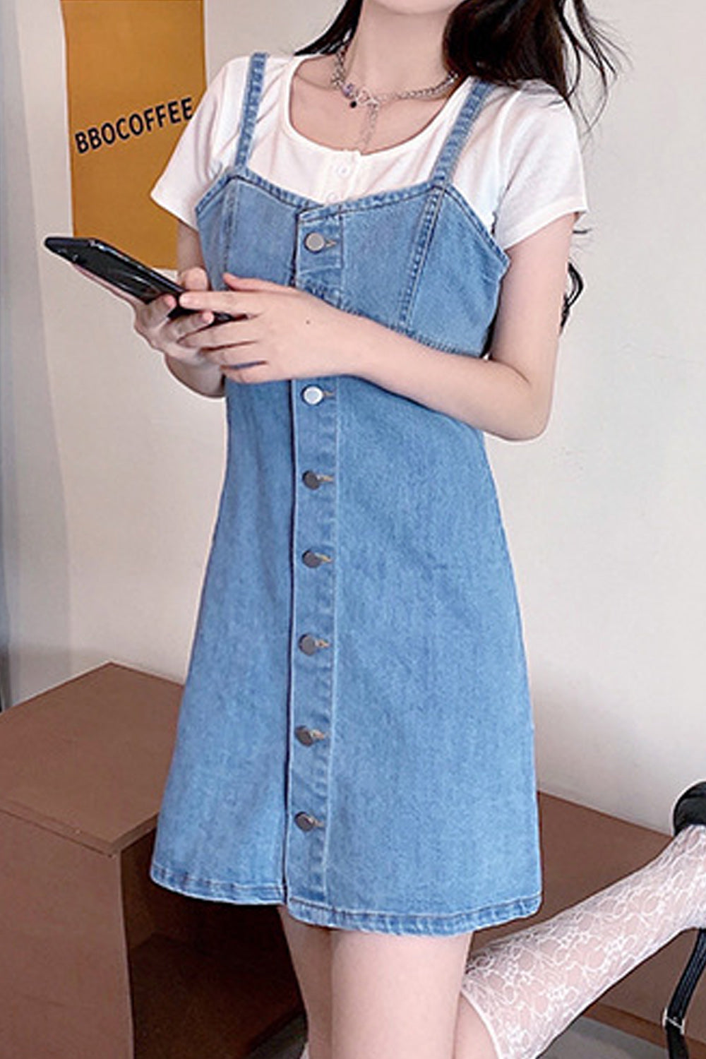Women Strap Shoulder Snap Button Short Length Breathable Short Length Denim Dress