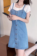 Women Strap Shoulder Snap Button Short Length Breathable Short Length Denim Dress