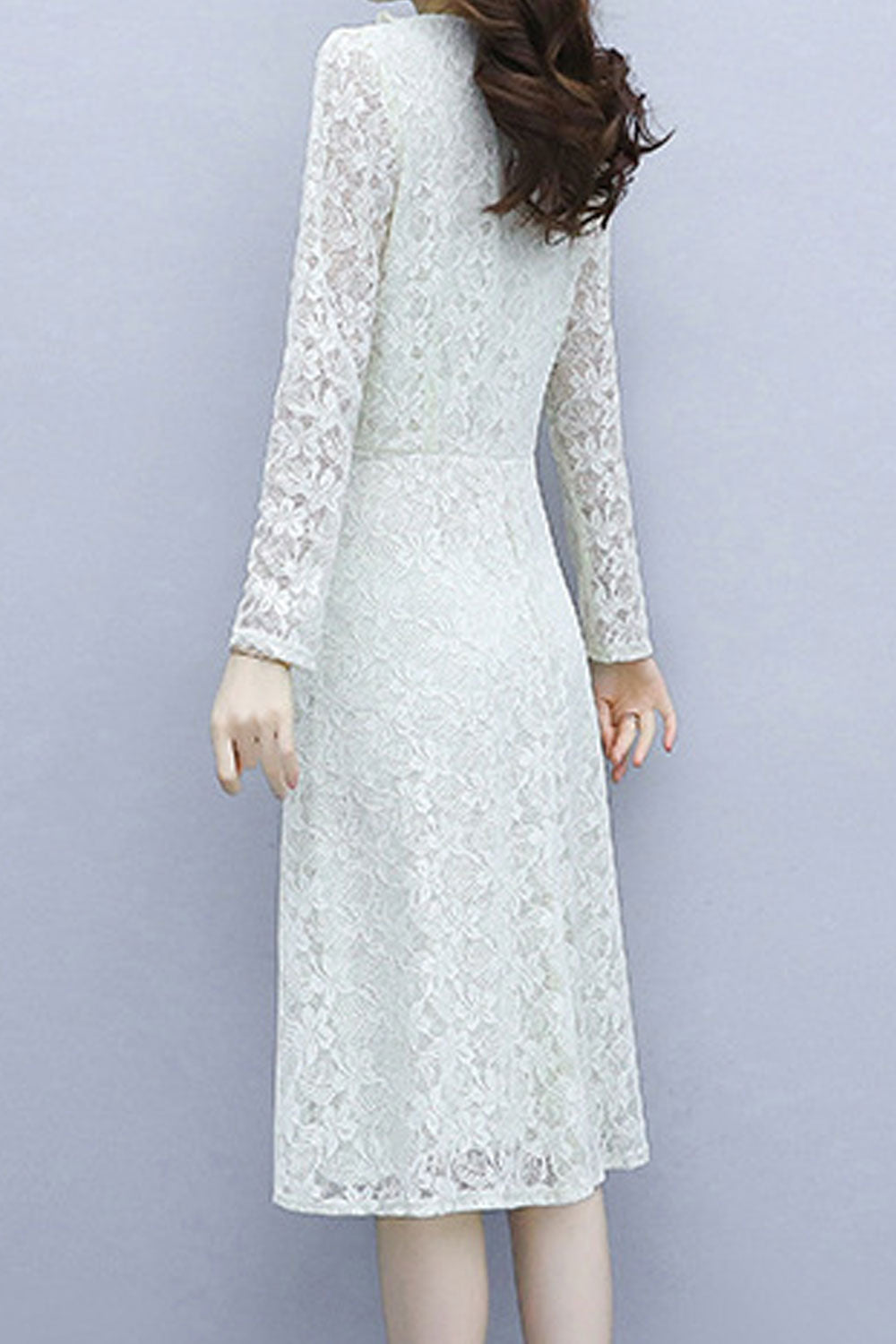 Women Long Sleeve Breathable Mid Length V-Neck Trendy Hollow Lace Beautiful Soft Dress