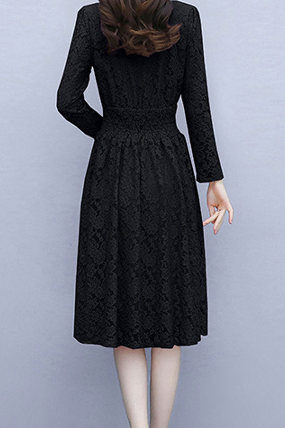 Women Long Sleeve Breathable Mid Length V-Neck Trendy Hollow Lace Beautiful Soft Dress