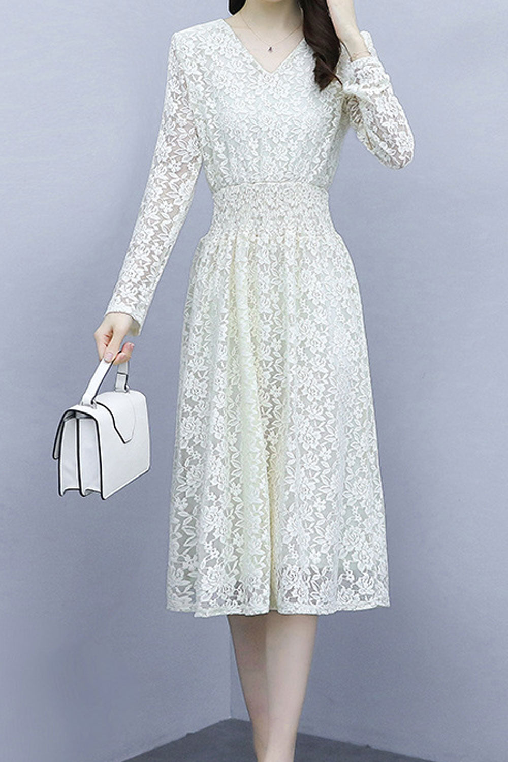 Women Long Sleeve Breathable Mid Length V-Neck Trendy Hollow Lace Beautiful Soft Dress