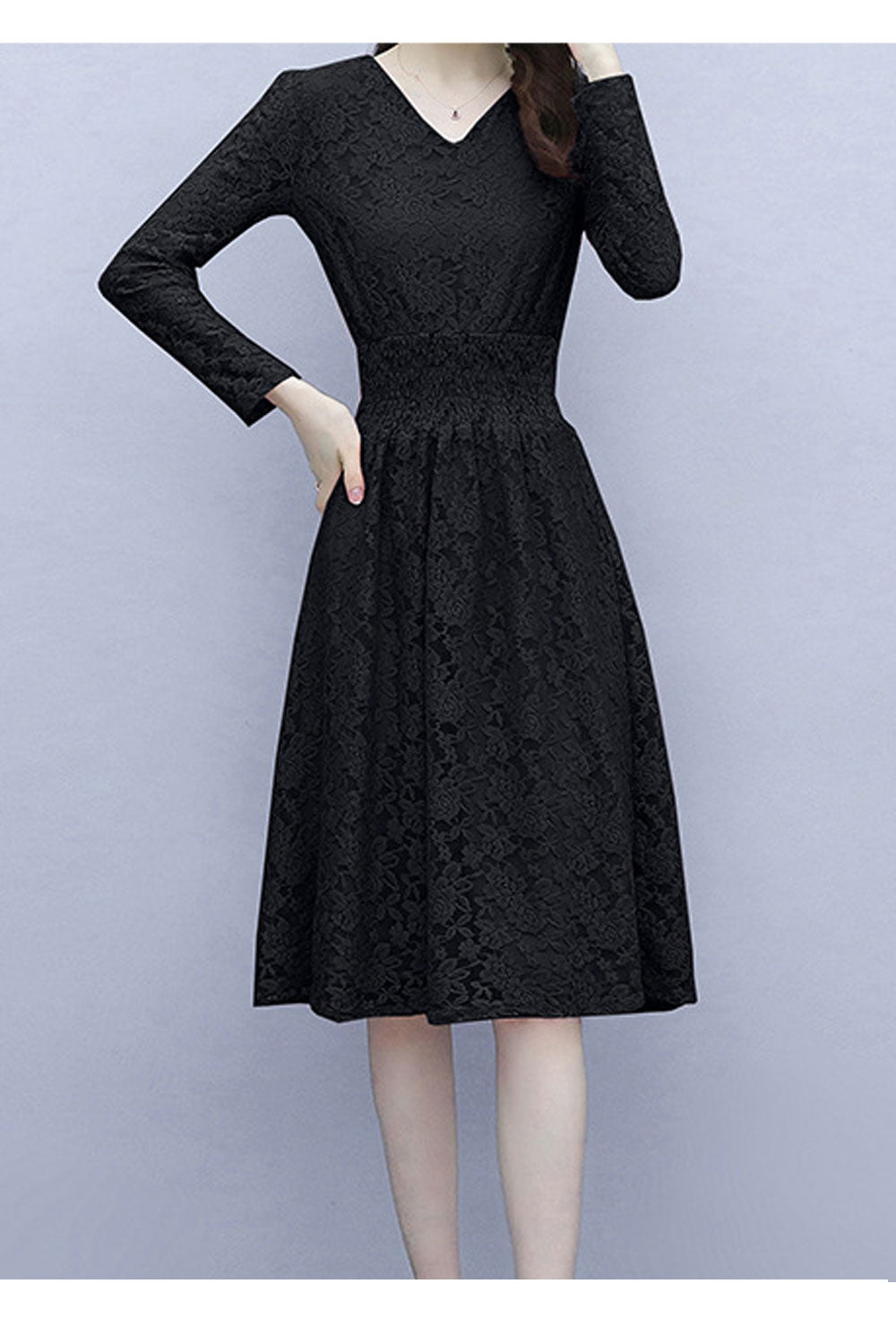 Women Long Sleeve Breathable Mid Length V-Neck Trendy Hollow Lace Beautiful Soft Dress