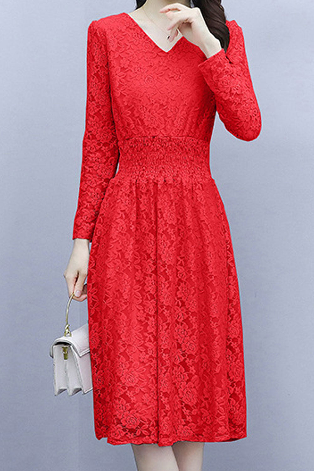 Women Long Sleeve Breathable Mid Length V-Neck Trendy Hollow Lace Beautiful Soft Dress