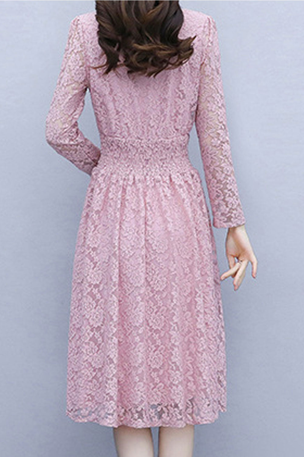 Women Long Sleeve Breathable Mid Length V-Neck Trendy Hollow Lace Beautiful Soft Dress