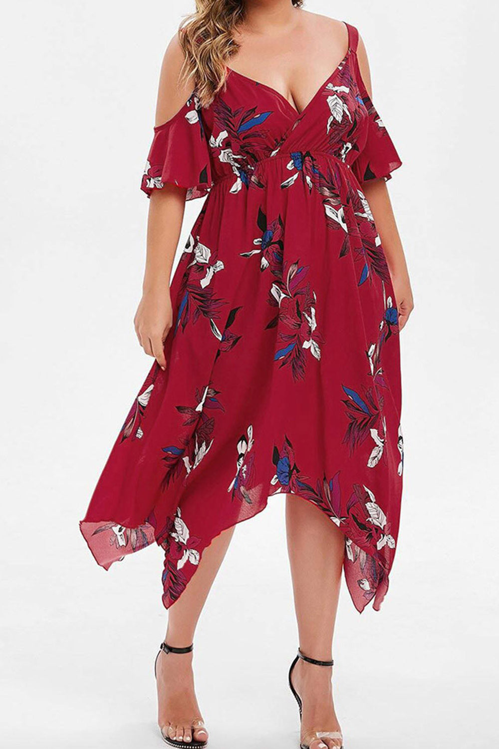 Women Plus Irregular Hem Flower Printed Summer Casual & Outing Deep V-Neck Chiffon Dress