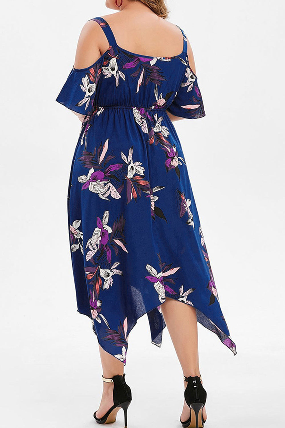 Women Plus Irregular Hem Flower Printed Summer Casual & Outing Deep V-Neck Chiffon Dress