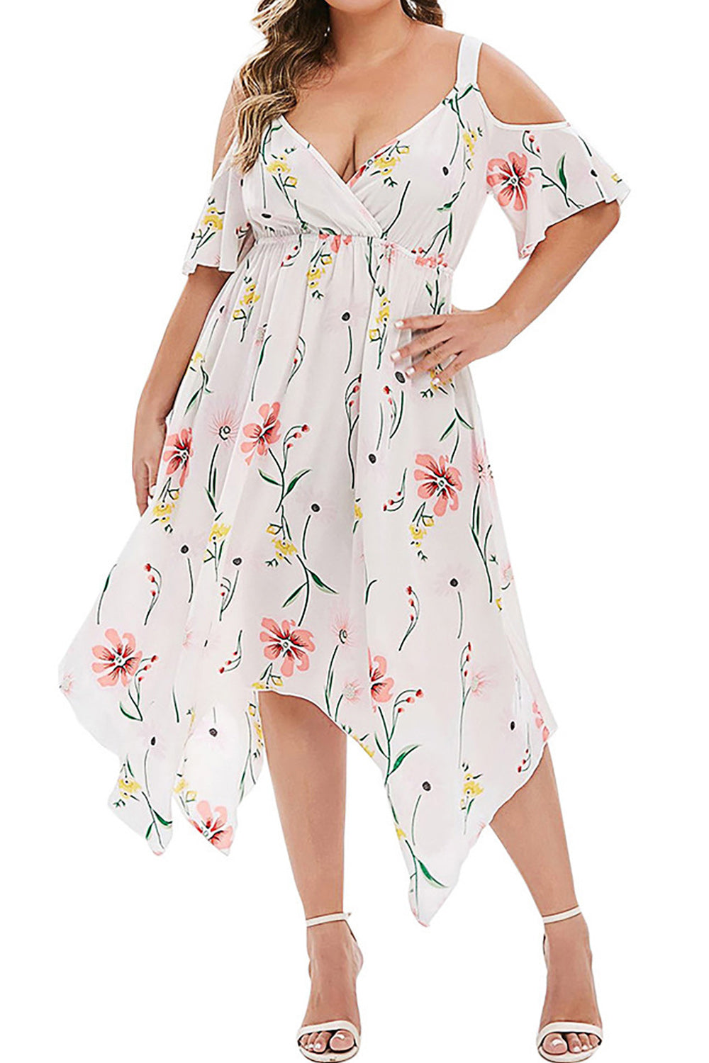 Women Plus Irregular Hem Flower Printed Summer Casual & Outing Deep V-Neck Chiffon Dress