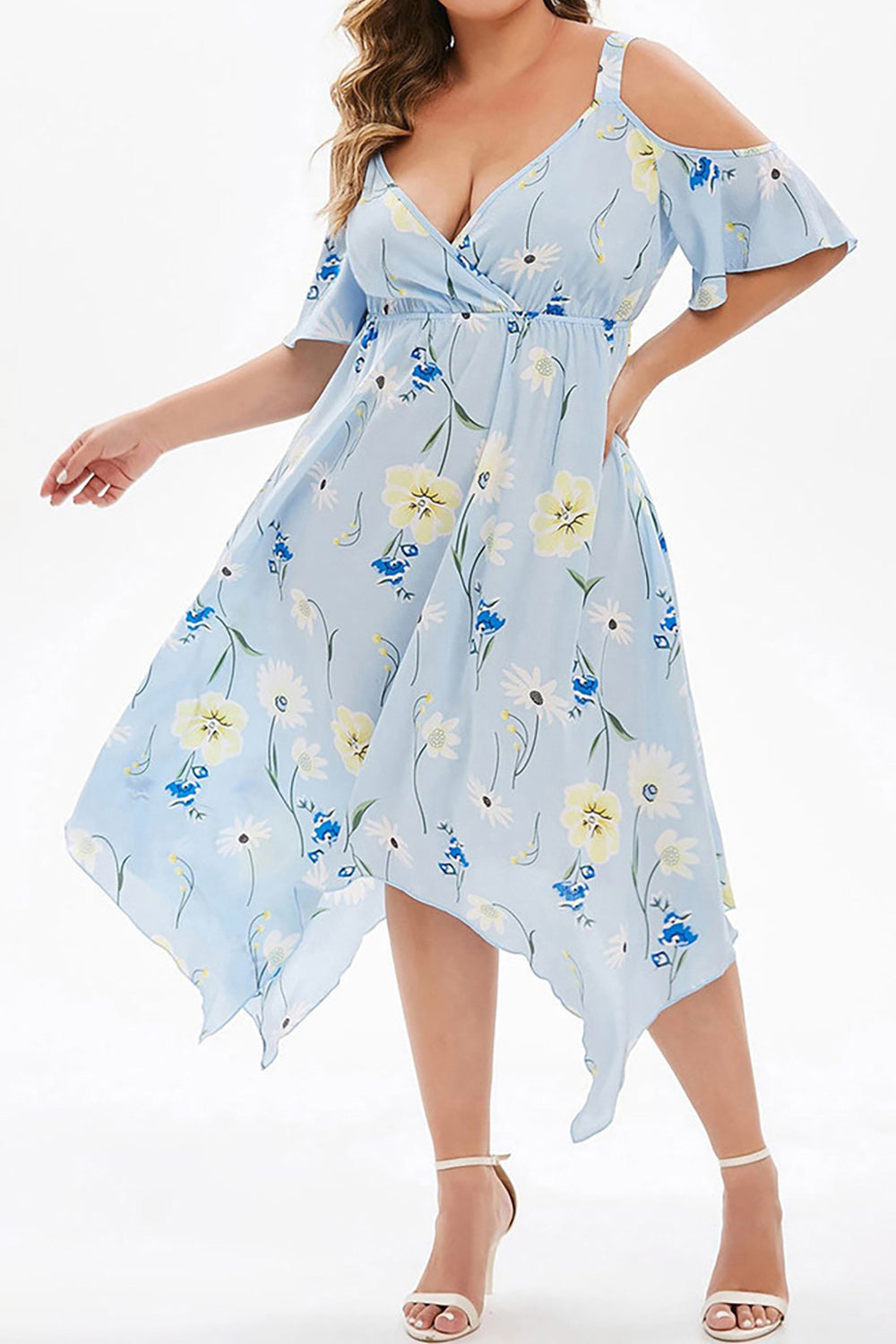 Women Plus Irregular Hem Flower Printed Summer Casual & Outing Deep V-Neck Chiffon Dress