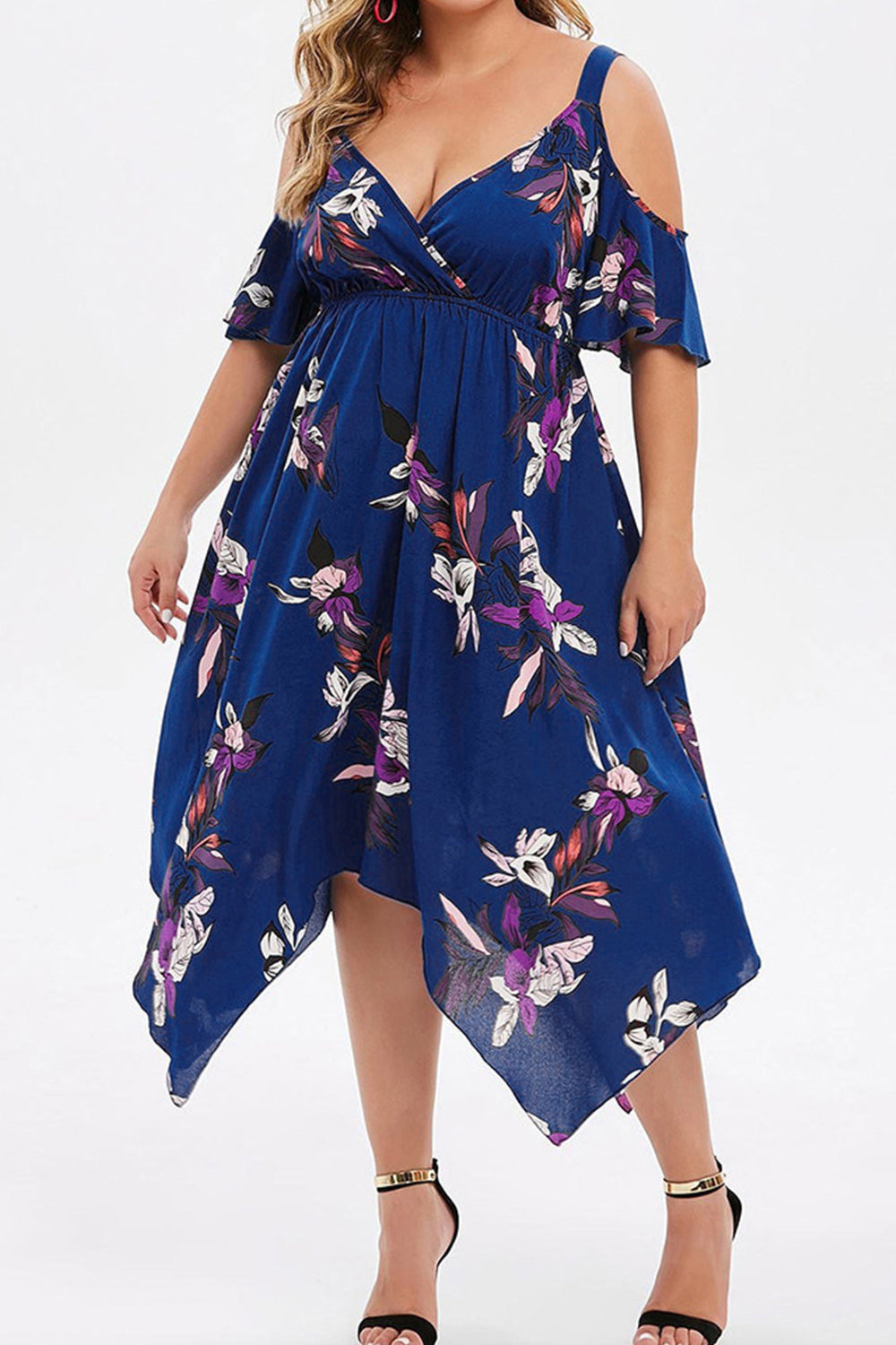 Women Plus Irregular Hem Flower Printed Summer Casual & Outing Deep V-Neck Chiffon Dress