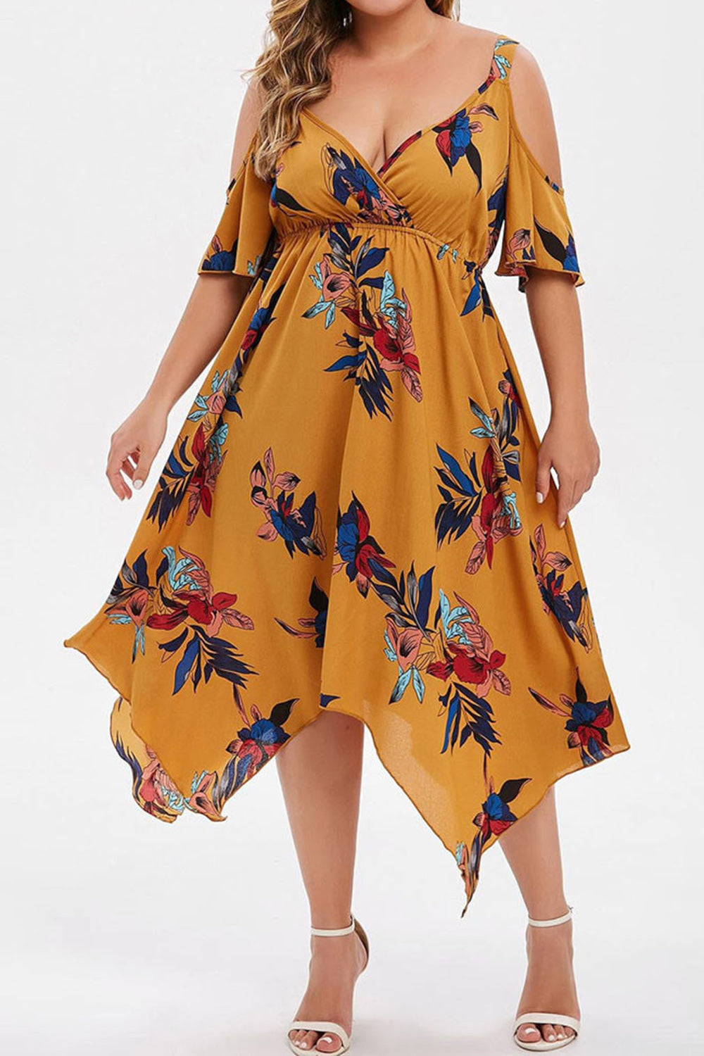 Women Plus Irregular Hem Flower Printed Summer Casual & Outing Deep V-Neck Chiffon Dress