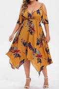Women Plus Irregular Hem Flower Printed Summer Casual & Outing Deep V-Neck Chiffon Dress