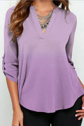 Women Awesome V-Neck Trendy Solid Colored Roll Over Sleeve Stylish Shirt