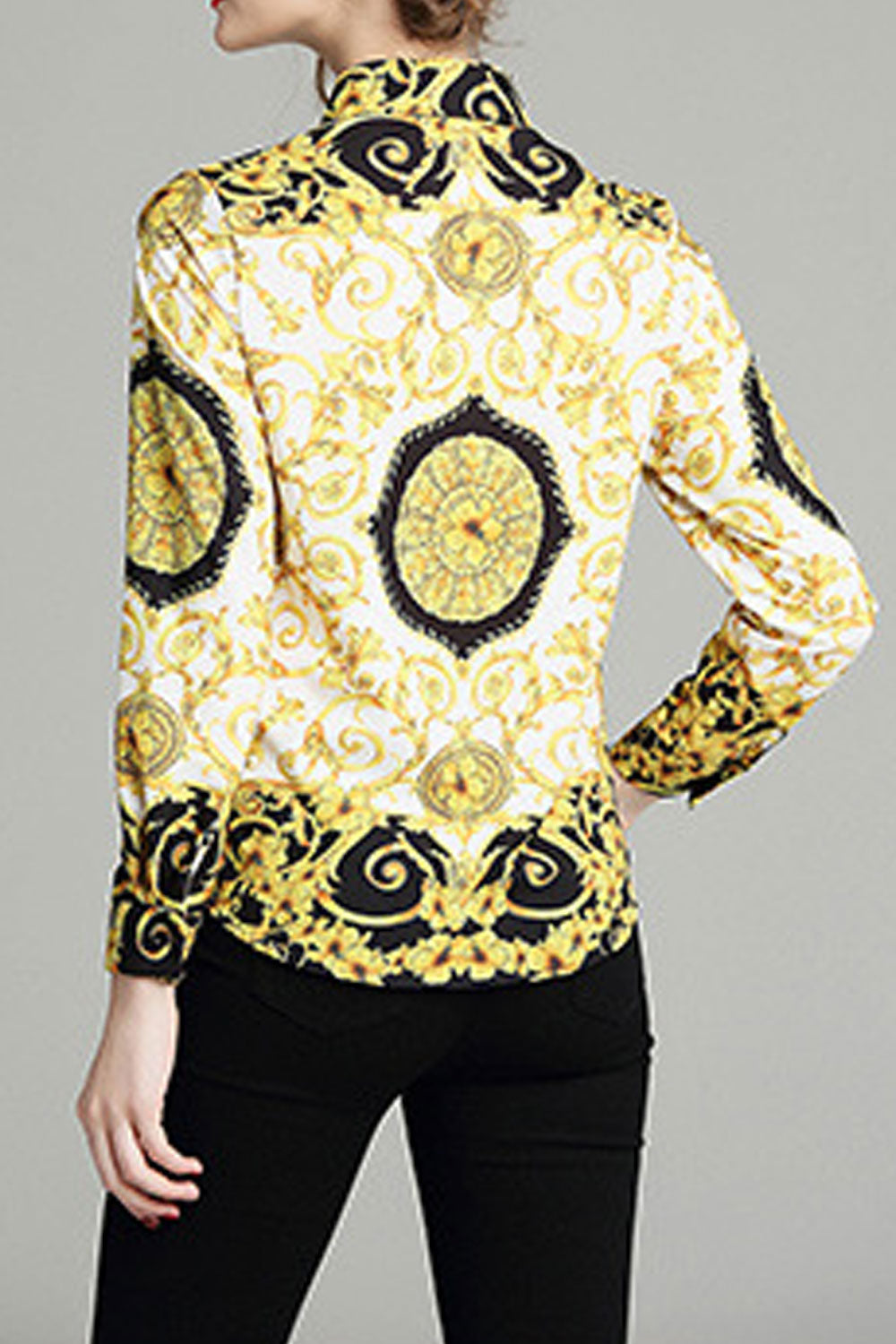 Women Stylish Printed Pattern Cool Long Sleeve Collar Neck Button Down Outing Shirt