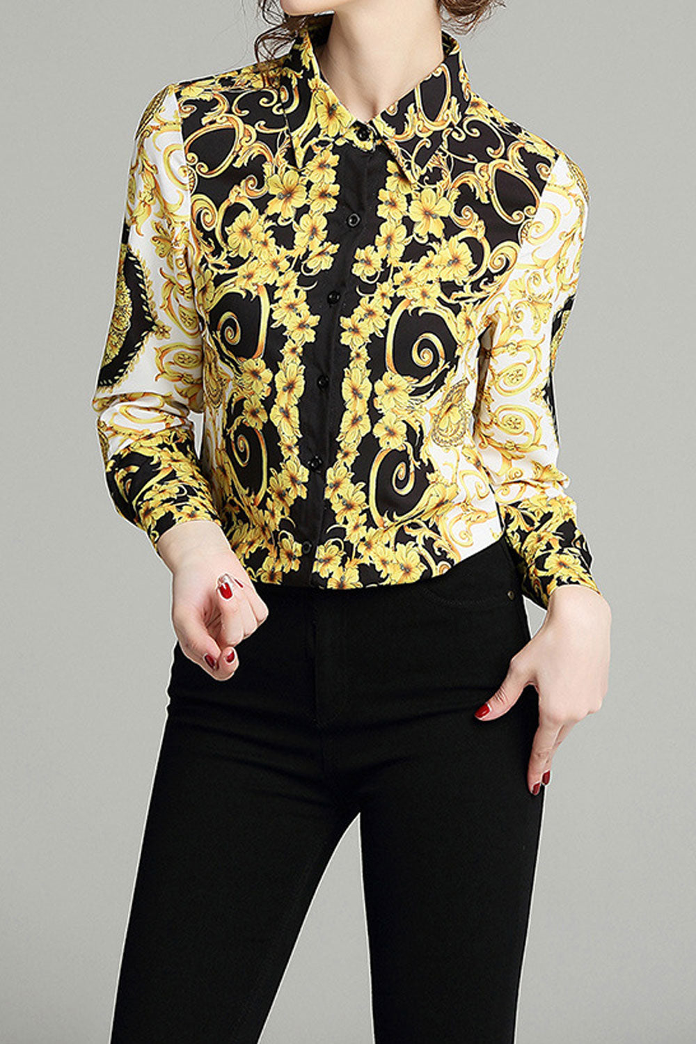 Women Stylish Printed Pattern Cool Long Sleeve Collar Neck Button Down Outing Shirt