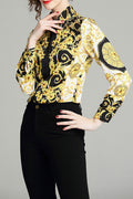 Women Stylish Printed Pattern Cool Long Sleeve Collar Neck Button Down Outing Shirt