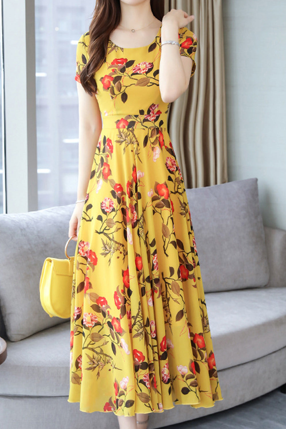Women Long Length Floral Printed Thin Chiffon Short Sleeve Summer Dress