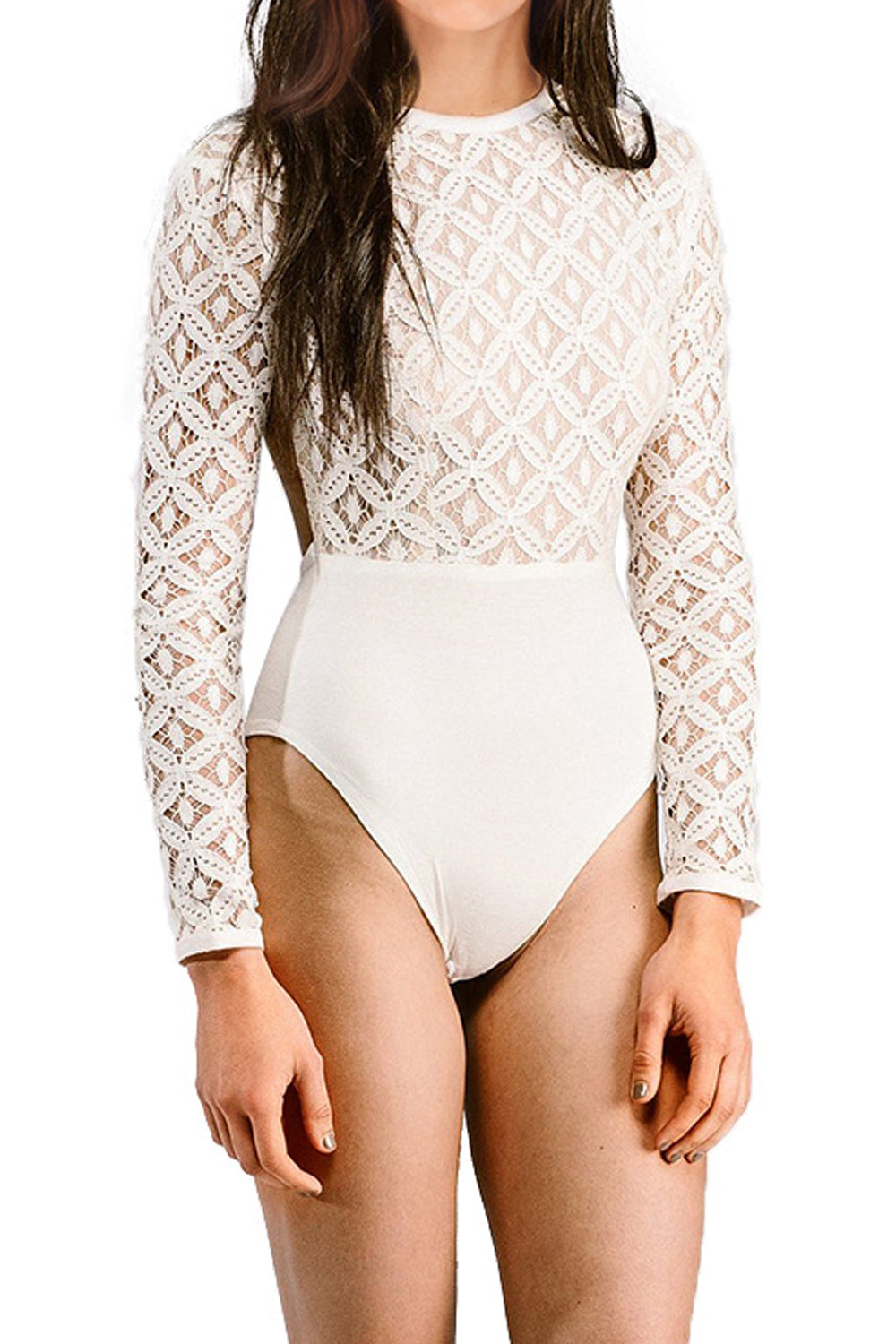 Women Outstanding Lace Pattern Easy Round Neck Long Sleeve Slim Fit Summer Lingerie