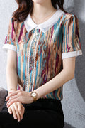 Women Elegant Printed Pattern Collar Neck Thin Short Sleeve Relax Fit Summer Casual Shirt