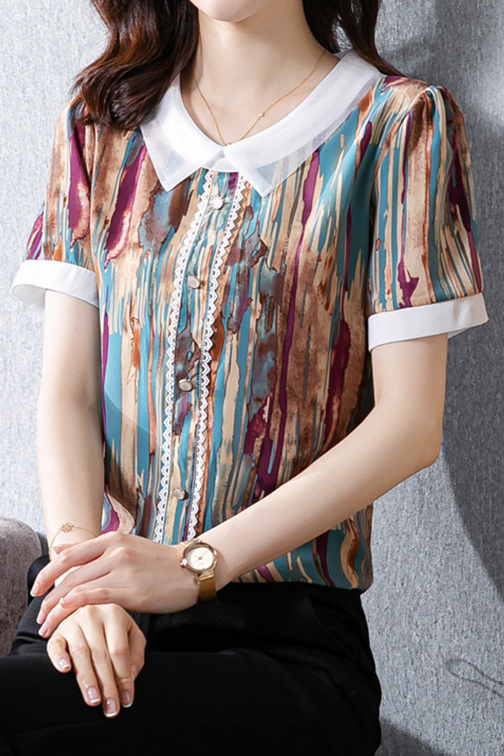 Women Elegant Printed Pattern Collar Neck Thin Short Sleeve Relax Fit Summer Casual Shirt