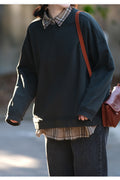 Women Amazing Solid Colored Ribbed Cuff Round Neck Loose Styled Winter Casual Sweatshirt