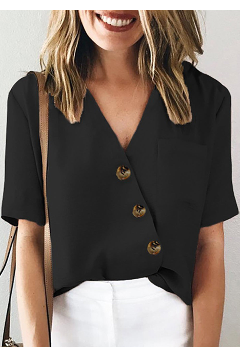 Women Loose Style Short Sleeve Easy V-Neck Elegent Solid Colored Summer Casual Blouse