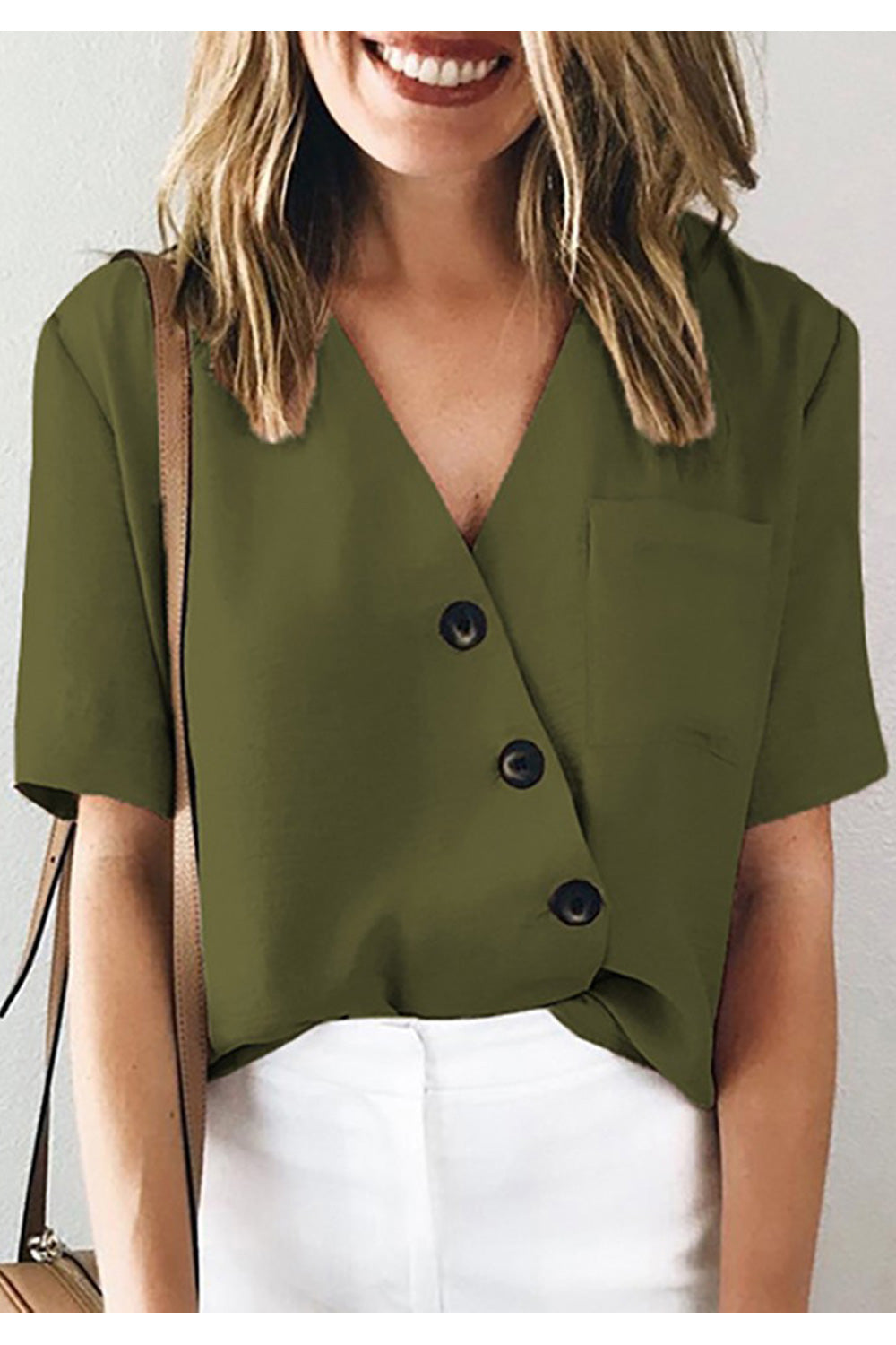 Women Loose Style Short Sleeve Easy V-Neck Elegent Solid Colored Summer Casual Blouse