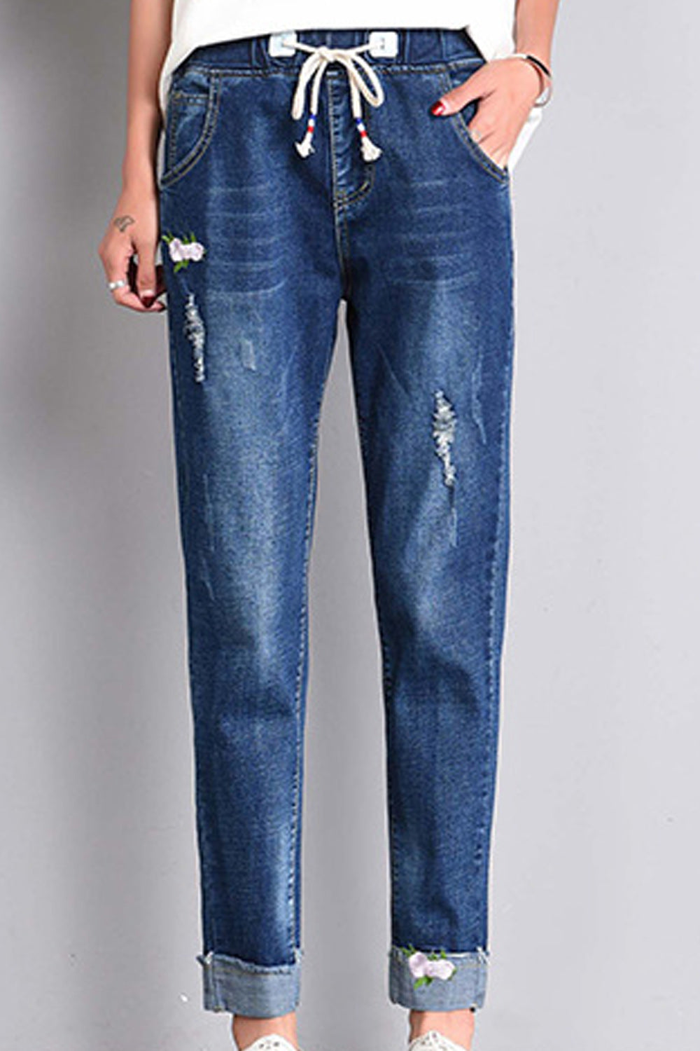 Women Elasticated Waist Pockets Styled Lovely Solid Colored Relax Fit Modern Denim Jeans