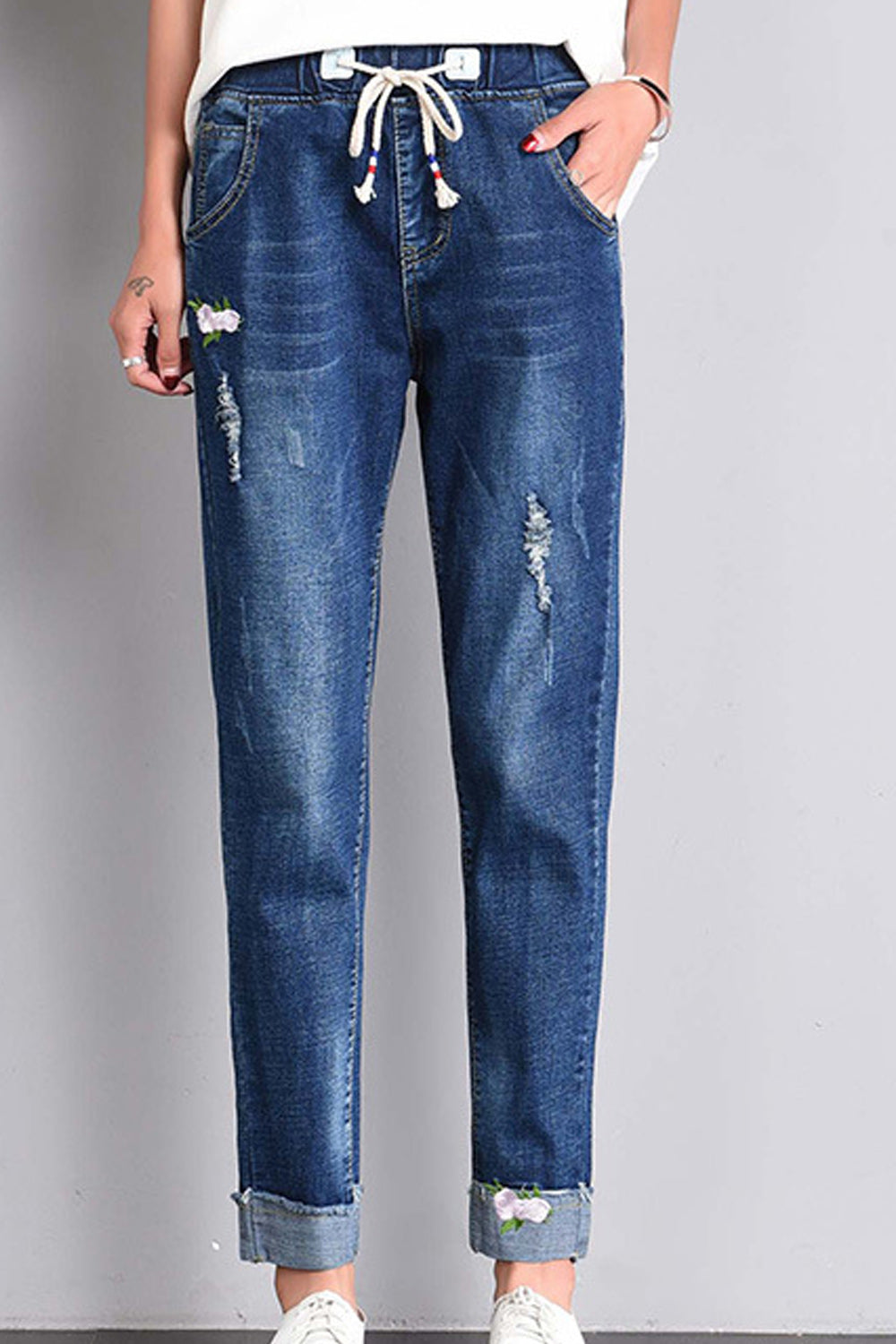 Women Elasticated Waist Pockets Styled Lovely Solid Colored Relax Fit Modern Denim Jeans