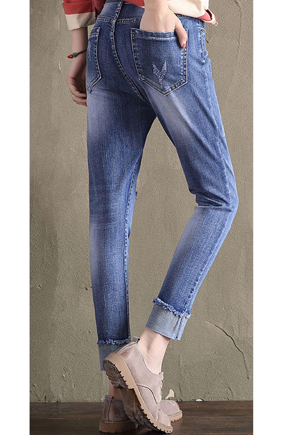 Women Elasticated Waist Pockets Styled Lovely Solid Colored Relax Fit Modern Denim Jeans