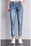Women Elasticated Waist Pockets Styled Lovely Solid Colored Relax Fit Modern Denim Jeans