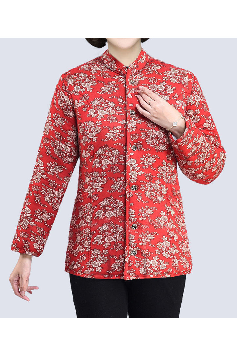 Women Beautiful Floral Print Round Neck Thick Long Sleeve Easy Button Closure Cardigan