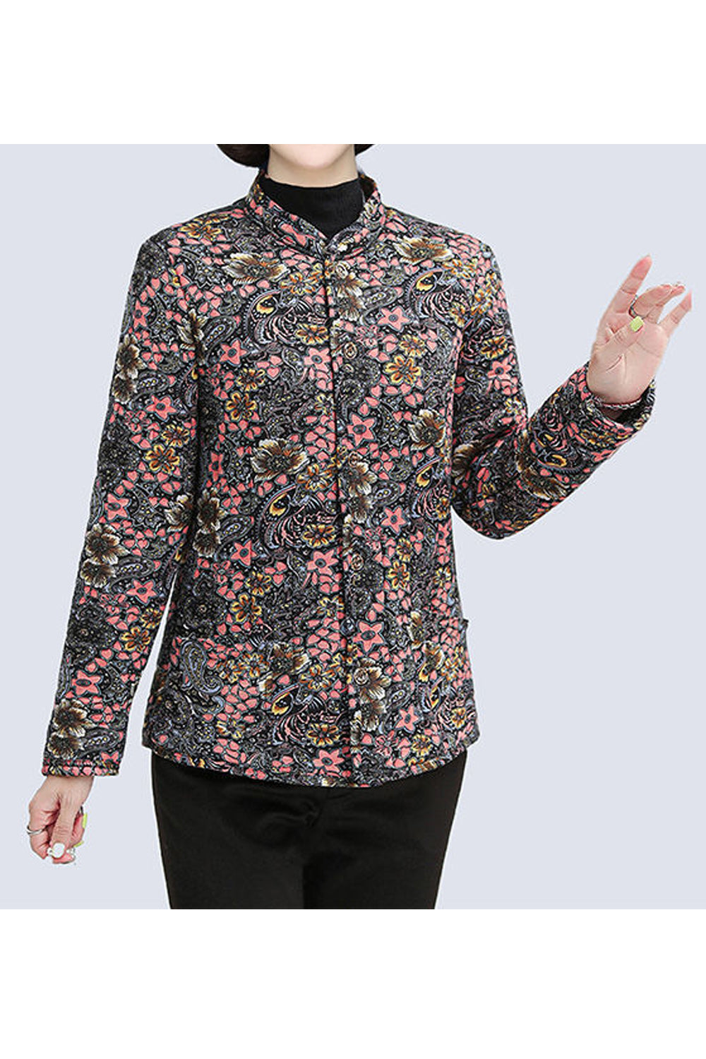 Women Beautiful Floral Print Round Neck Thick Long Sleeve Easy Button Closure Cardigan
