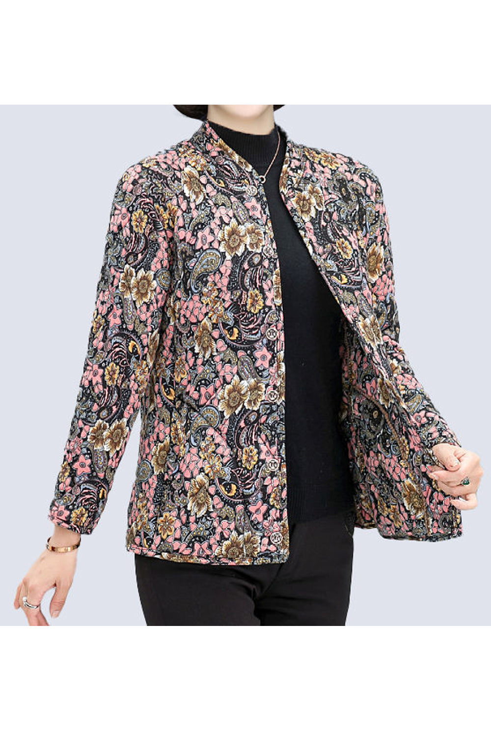 Women Beautiful Floral Print Round Neck Thick Long Sleeve Easy Button Closure Cardigan