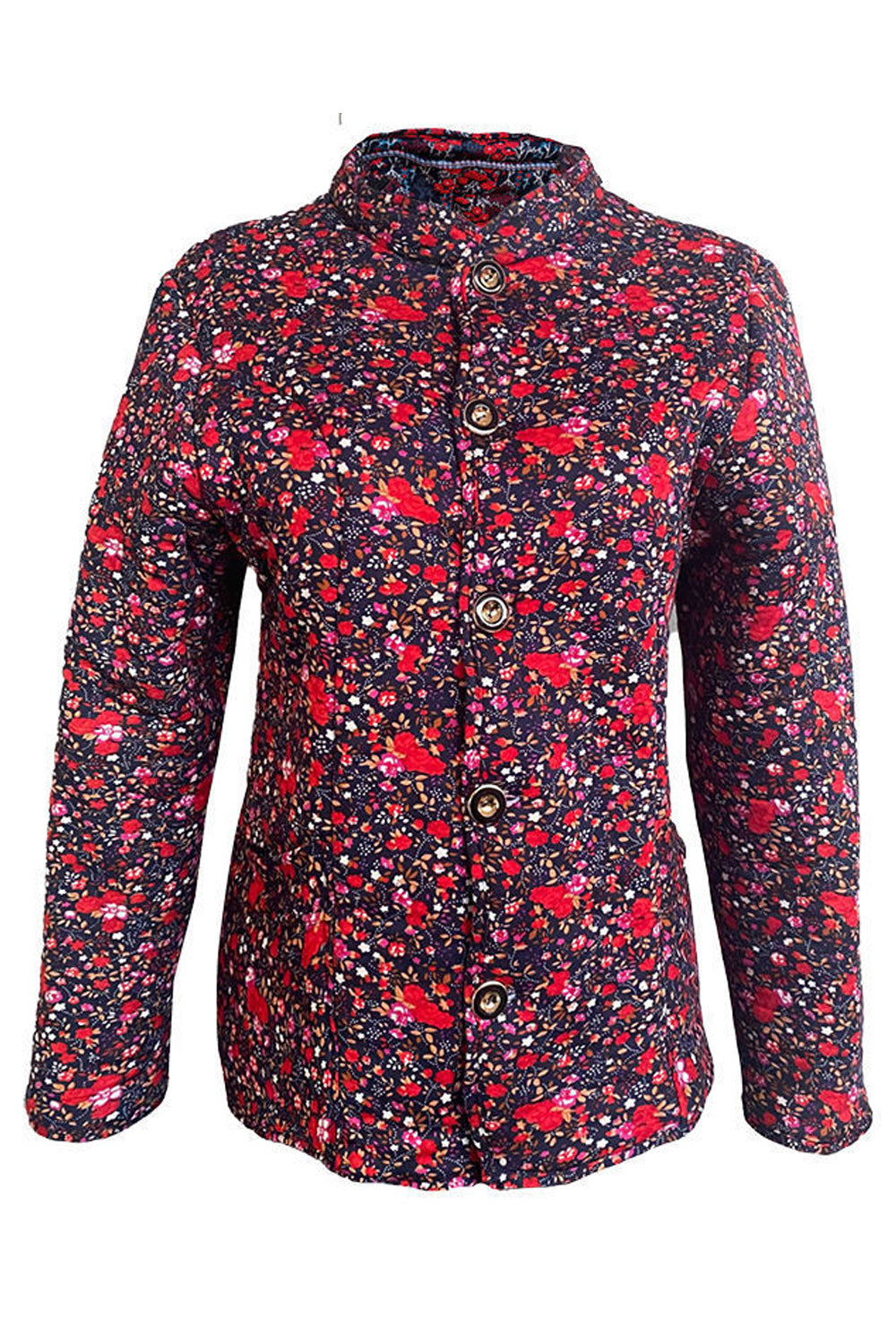 Women Beautiful Floral Print Round Neck Thick Long Sleeve Easy Button Closure Cardigan